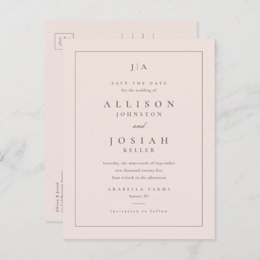 Klassieke monogram bruiloft bewaart de datum aankondigingskaart (Voorkant / Achterkant)