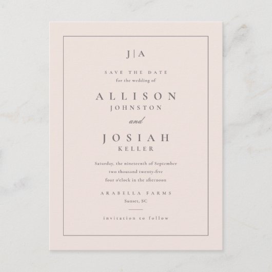 Klassieke monogram bruiloft bewaart de datum aankondigingskaart (Voorkant)