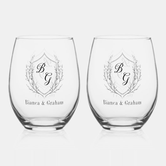Klassieke monogram bruiloft crest nieuw getrouwd wijnglas zonder voet (Achterkant)