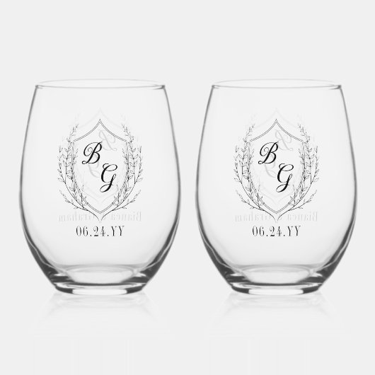 Klassieke monogram bruiloft crest nieuw getrouwd wijnglas zonder voet (Voorkant)