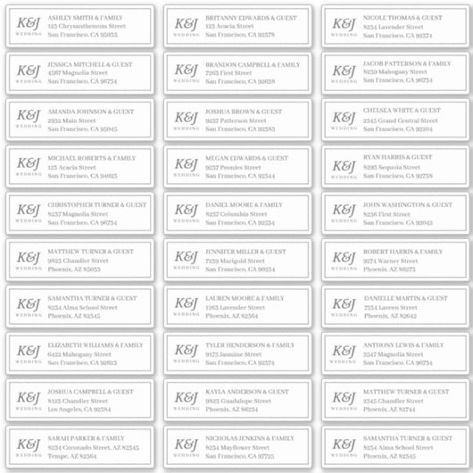 Klassieke Monogram Bruiloft Gast Namen Adres Sticker (Voorkant)