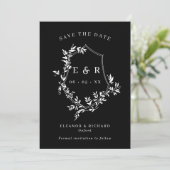 Klassieke Monogram Crest Wit op Zwarte Bruiloft Save The Date (Staand voorkant)