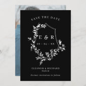 Klassieke Monogram Crest Wit op Zwarte Bruiloft Save The Date (Voorkant / Achterkant)