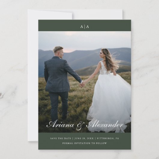 Klassieke Monogram Elegant Script Twee foto bruilo Save The Date (Voorkant)