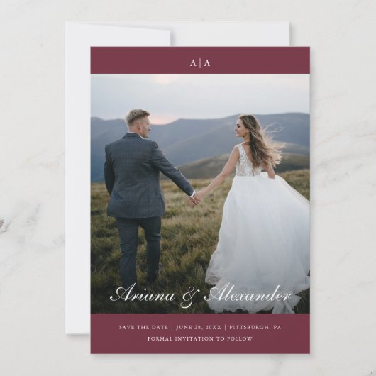 Klassieke Monogram Elegant Script Twee foto bruilo Save The Date (Voorkant)