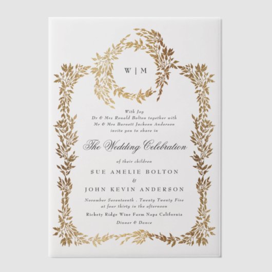 Klassieke Monogram Elegante Gouden Kreeft Krans Tr Vellum Uitnodigingen (Voorkant)