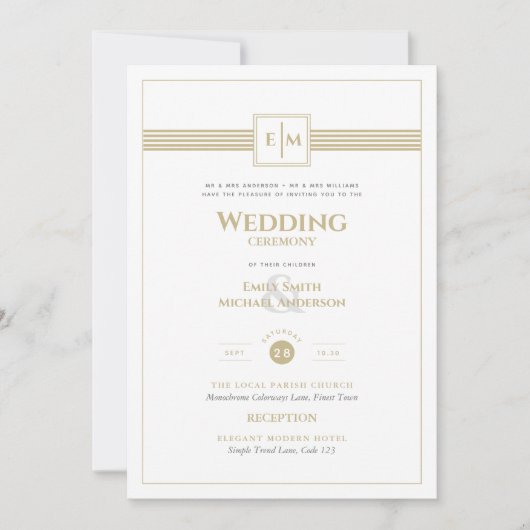 Klassieke monogram formele bruiloft White Gold Inv Kaart (Voorkant)