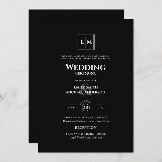 Klassieke Monogram Formele Trouwjurk Zwart All in  Kaart (Voorkant / Achterkant)