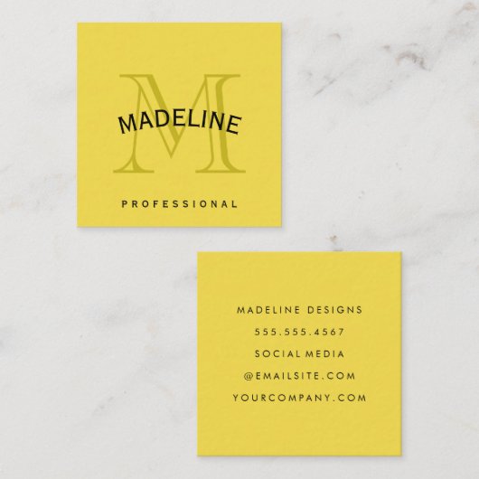 Klassieke monogram geel met boogtekst vierkante visitekaartje (Voorkant / Achterkant)