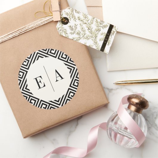 Klassieke Monogram Geometrische Griekse Key Chique Ronde Sticker (Geschenken)