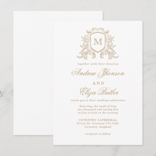 Klassieke Monogram Gouden en Witte Huwelijksuitnod Kaart (Voorkant / Achterkant)