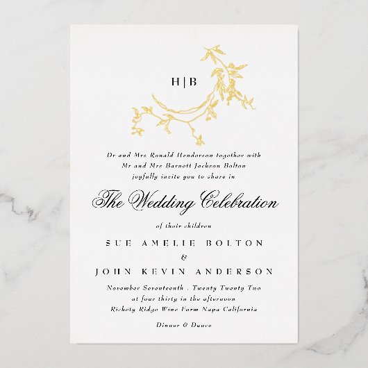 Klassieke monogram gouden weddenschap folie uitnodiging (Voorkant)
