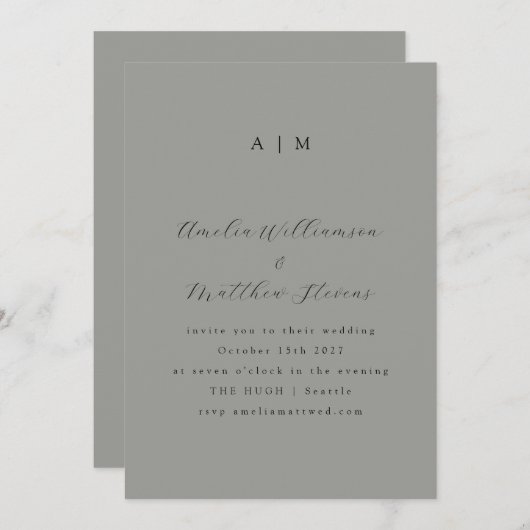 Klassieke monogram grijs en zwart-Script bruiloft Kaart (Voorkant / Achterkant)