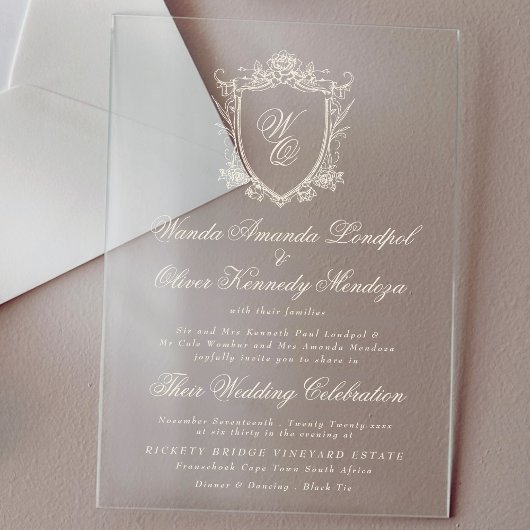 Klassieke Monogram Houtskool Bloemkam Huwelijk Acryl Uitnodigingen