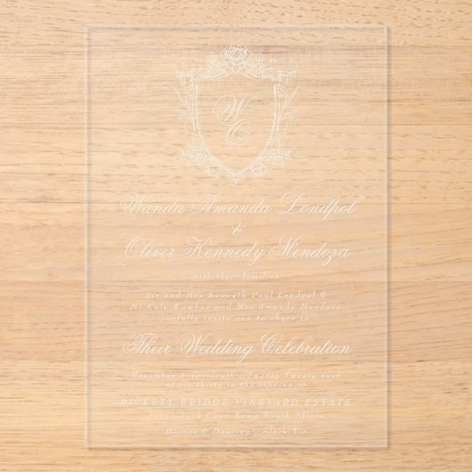 Klassieke Monogram Houtskool Bloemkam Huwelijk Acryl Uitnodigingen (Voorkant)