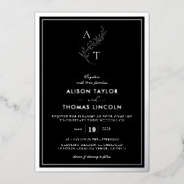 Klassieke Monogram Huwelijk Zwart en Zilver Folie Uitnodiging