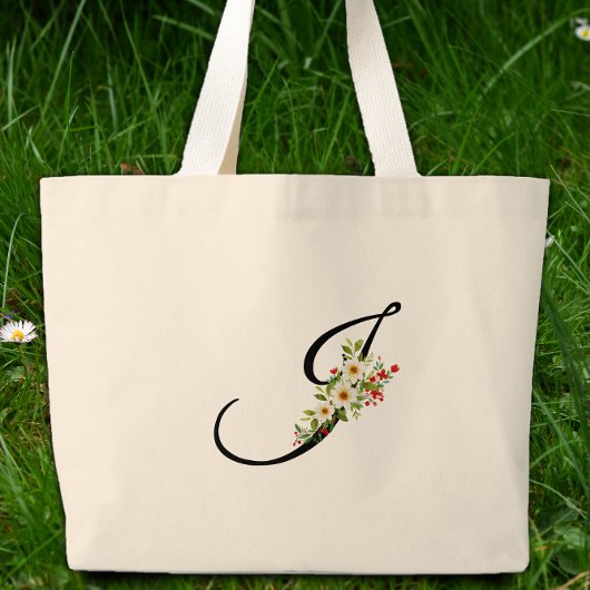 Klassieke monogram J rode witte bloem moeder cadea Grote Tote Bag