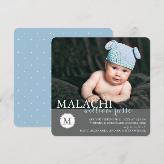 Klassieke Monogram Jongen Geboorteaankondiging / B Aankondiging (Voorkant / Achterkant)