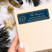 Klassieke Monogram Krans Blauw Geplaagd Kerstmis Etiket