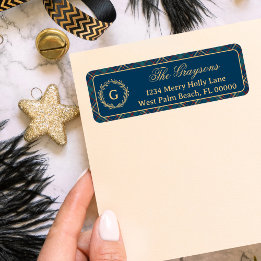 Klassieke Monogram Krans Blauw Geplaagd Kerstmis Etiket