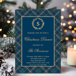 Klassieke Monogram Krans Blauwe Geruite Kerstfeest Kaart