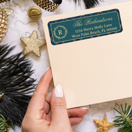 Klassieke Monogram Krans Groen Geruit Kerstmis Etiket