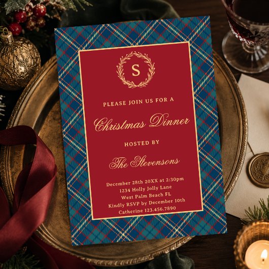 Klassieke Monogram Krans Rood Geruit Kerstfeest Kaart