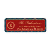 Klassieke Monogram Krans Rood Geruit Kerstmis Etiket (Voorkant)