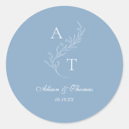 Klassieke Monogram Leaf Wedding Dusty Blue Envelop Ronde Sticker