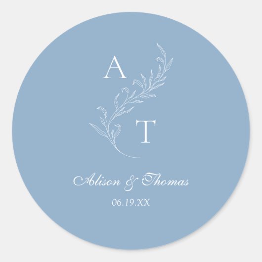 Klassieke Monogram Leaf Wedding Dusty Blue Envelop Ronde Sticker (Voorkant)