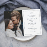 Klassieke Monogram Marine Blauw en Wit Huwelijksfo Save The Date<br><div class="desc">Dit klassieke Monogram Band van de Foto sparen de Kaart van de Datum kenmerkt elegant type en een eenvoudige grens met een verticale foto. Alle elementen zijn bewerkbaar,  lettertype,  foto- en achtergrondkleur. Klik de Edit knoop om dit ontwerp aan te passen.</div>