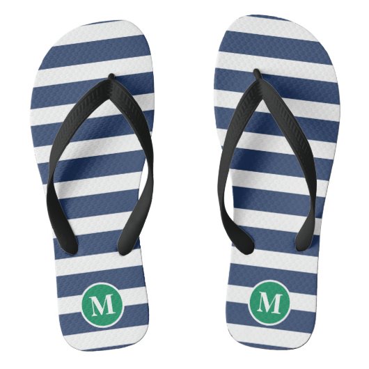 Klassieke Monogram Marine Blauwe en Groene Strepen Teenslippers (Voetbed)