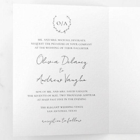 Klassieke monogram met grote kroonrand drieluik uitnodiging (Binnenzijde eerst)