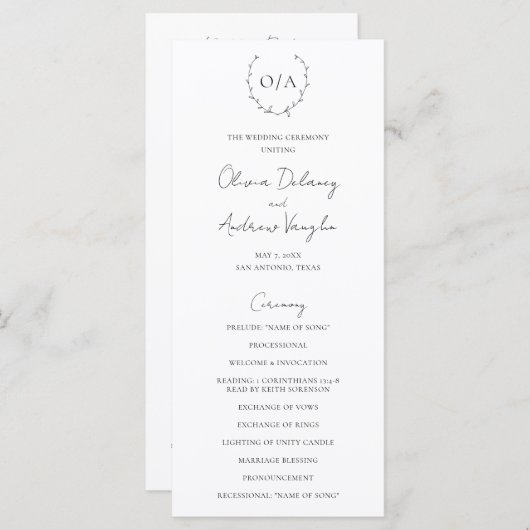 Klassieke monogram met grote kroonrand programmakaart (Voorkant / Achterkant)