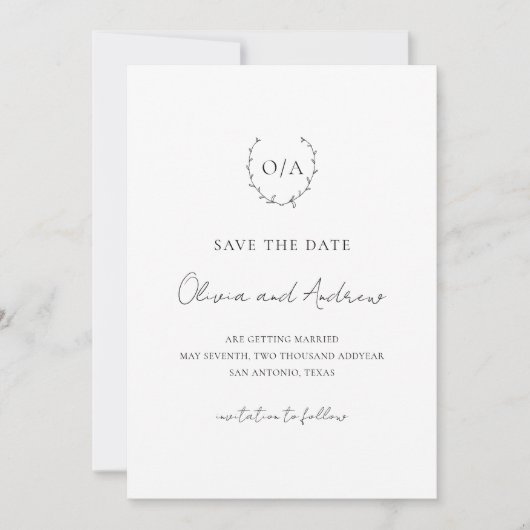 Klassieke monogram met grote kroonrand save the date (Voorkant)