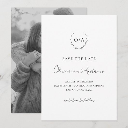 Klassieke monogram met grote kroonrand save the date (Voorkant / Achterkant)