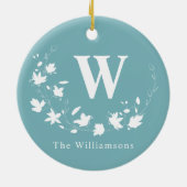 Klassieke monogram Naam Blauwgroen Floral WreatCus Keramisch Ornament (Achterkant)