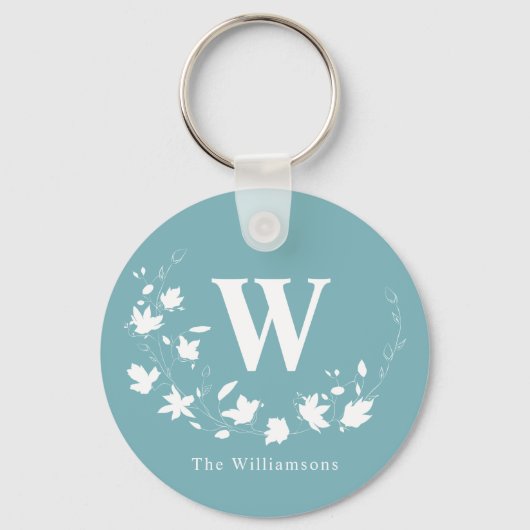 Klassieke monogram Naam Blauwgroen Floral WreatCus Sleutelhanger (Voorkant)