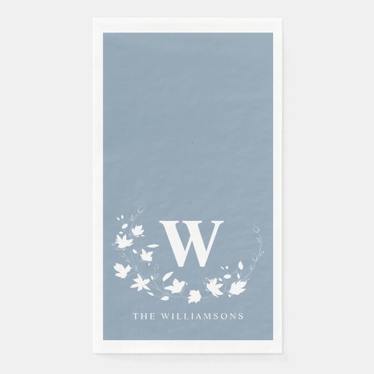 Klassieke monogram naam Floral Wreate in Dusty Blu Servet (Voorkant)