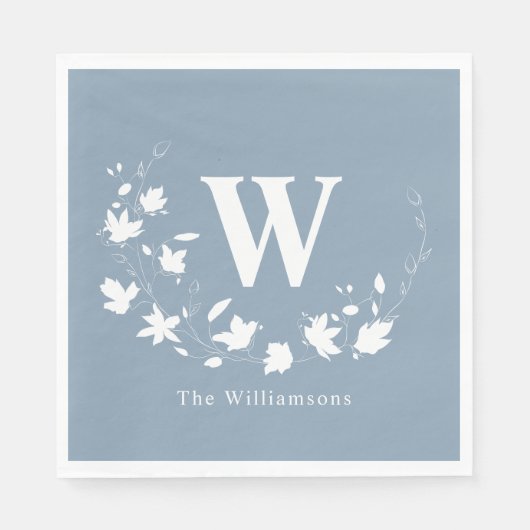 Klassieke monogram naam Floral Wreate in Dusty Blu Servet (Voorkant)