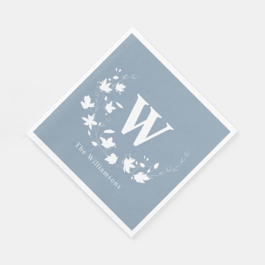 Klassieke monogram naam Floral Wreate in Dusty Blu Servet (Hoek)