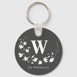 Klassieke monogram Naam Zwarte Witte Floral Wreate Sleutelhanger