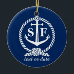 Klassieke monogram Nautical Blue Anchor Beach Boat Keramisch Ornament<br><div class="desc">Een klassiek nautisch ontwerp met een wit anker en een zeetouw tegen een blauw marineschakel. Voeg je monogrammed initialen en een andere tekstregel toe: datum, locatie, evenement, enz. Klassiek, tijdloos, prepy en stijlvol - een perfect ontwerp voor al uw nautische behoeften. Bekijk andere persoonlijke strand-, boot-, oceaan- en meerproducten door...</div>