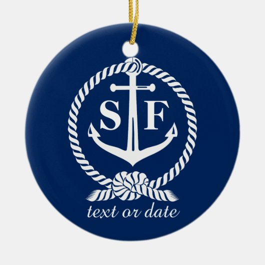 Klassieke monogram Nautical Blue Anchor Beach Boat Keramisch Ornament (Voorkant)