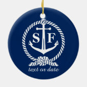 Klassieke monogram Nautical Blue Anchor Beach Boat Keramisch Ornament (Achterkant)