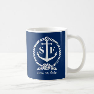 Klassieke monogram Nautical Blue Anchor Beach Boat Koffiemok