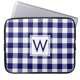 Klassieke monogram Navy Blue Gingham Pset Pattern Laptop Sleeve