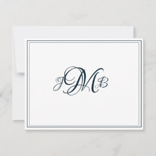 Klassieke monogram Navy & White Flourish Script Bedankkaart