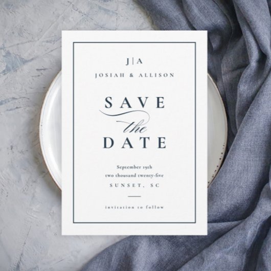 Klassieke Monogram Niet Foto Navy Blauwe Bruiloft Save The Date
