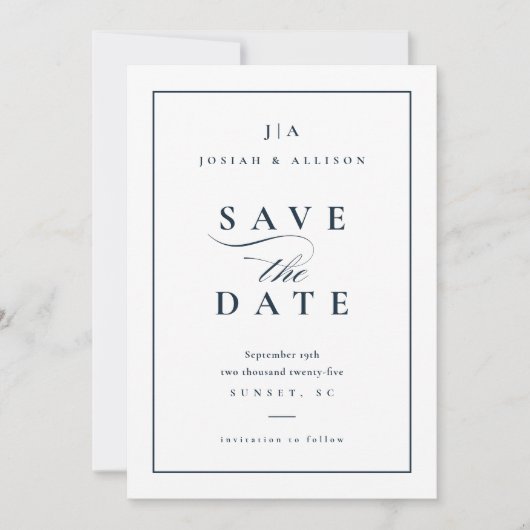 Klassieke Monogram Niet Foto Navy Blauwe Bruiloft Save The Date (Voorkant)